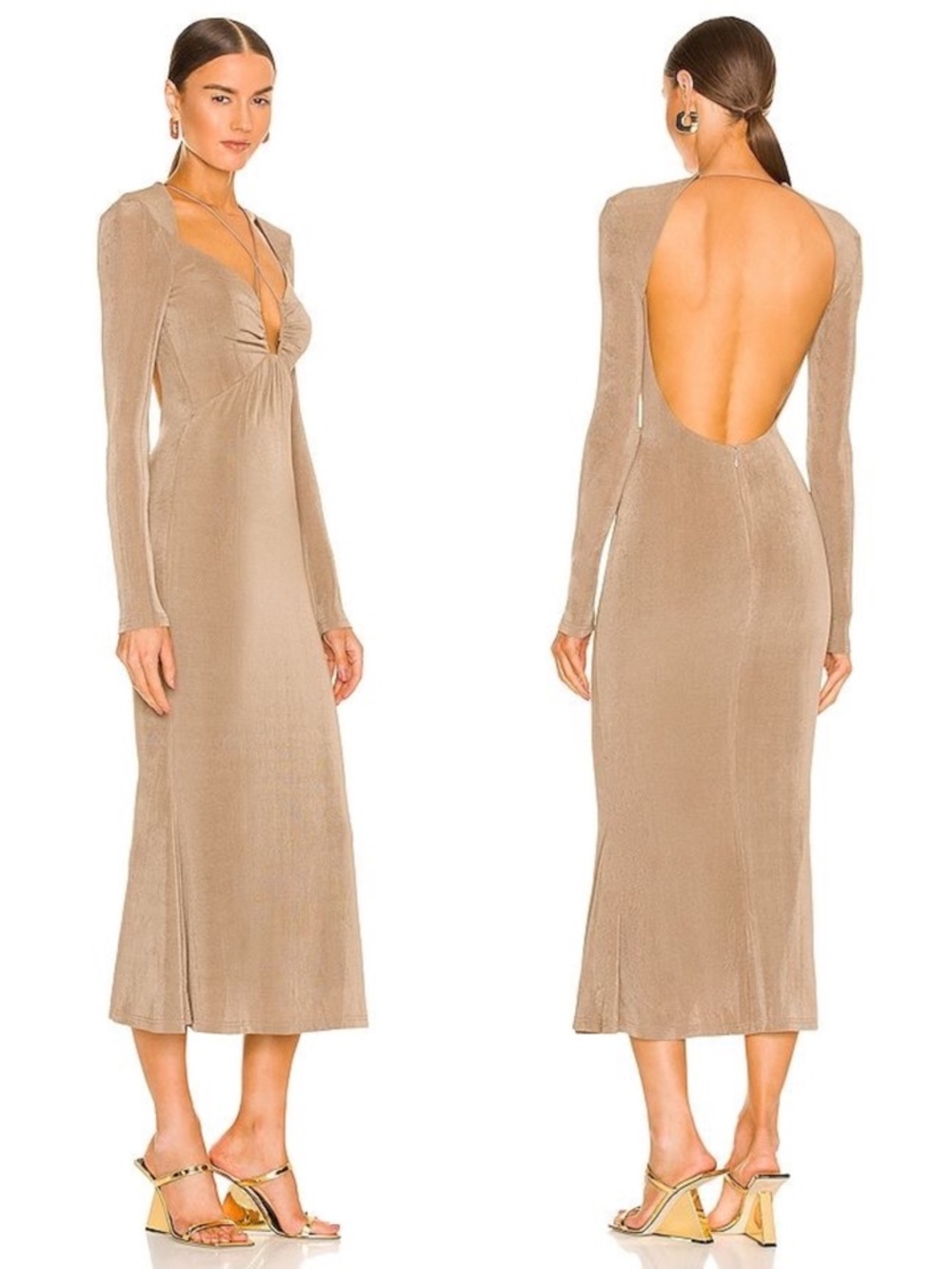 MISHA Engracia Dress Khaki Camel Size 8 Backless Long Sleeve Bodycon Gala Event